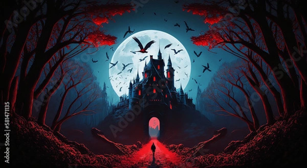 Fototapeta Digital illustration of a fantasy castle in moonlight sky, zoom out view background.