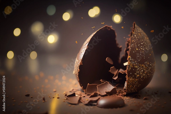 Fototapeta Cracked chocolate Easter egg on a simple background with copy space for your text. Created with Generative AI.