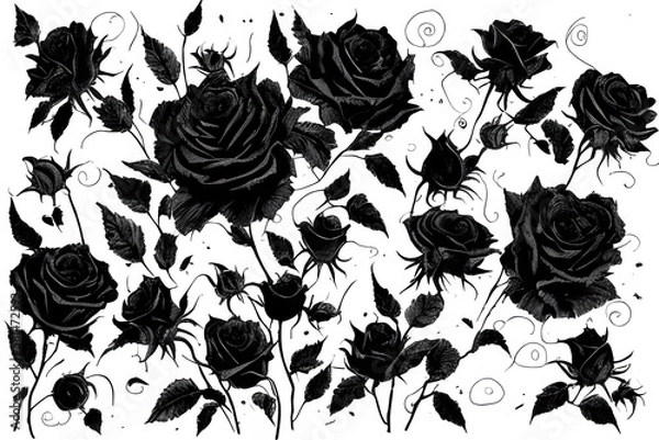 Obraz pattern of black roses on a white background generative ai 