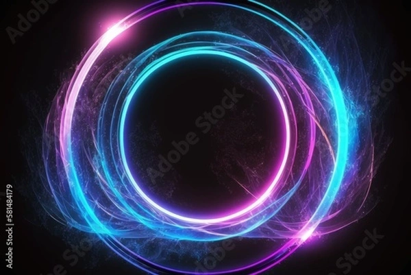 Fototapeta circles, energy source, luminous rings, empty space, frame, ultraviolet spectrum, laser display, smoke, fog, ground, round gateway, pink and blue neon lights, virtual reality. Generative AI