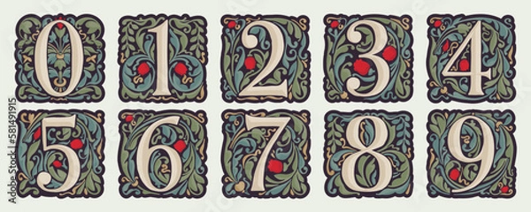 Obraz Numbers set illuminated initials with curve leaf ornament and tulips. Medieval dim colored fancy drop cap icons.
