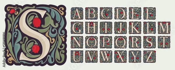 Obraz Illuminated initial Alphabet with curve leaf ornament and tulips. Medieval dim colored fancy drop cap logos.