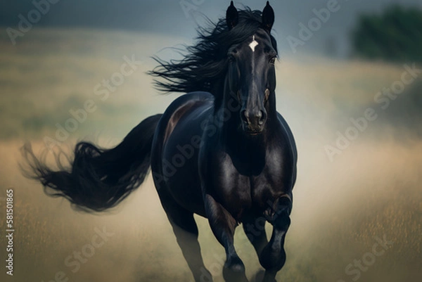 Fototapeta a black horse from the front running in a field Generative AI
