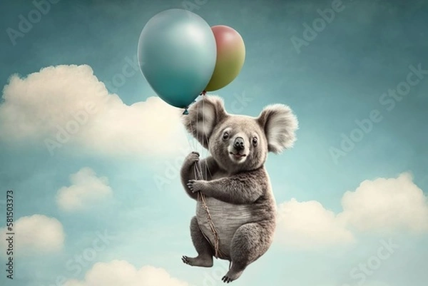 Fototapeta Koala qui vole avec des ballons. AI generative