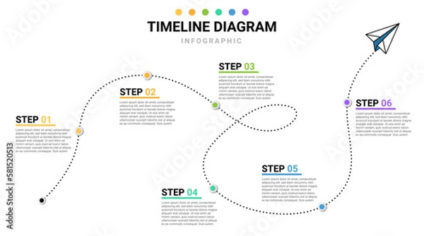 Fototapeta Infographic Modern Timeline concept with 6 steps. Can be used for workflow layout, diagram, banner, webdesign. Vector illustration on white background.