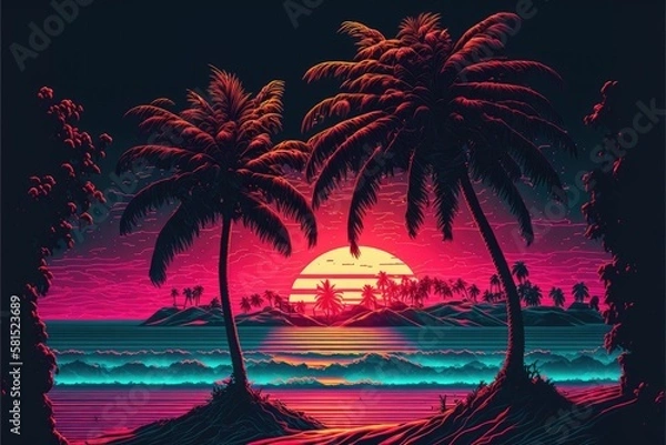 Obraz A tropical Beach at sunset in Synth wave Style