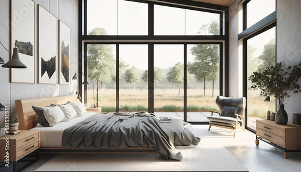 Fototapeta A perfect retreat - Relax and rejuvenate in this stunning modern bedroom with breathtaking views and minimalist decor, Generative AI.
