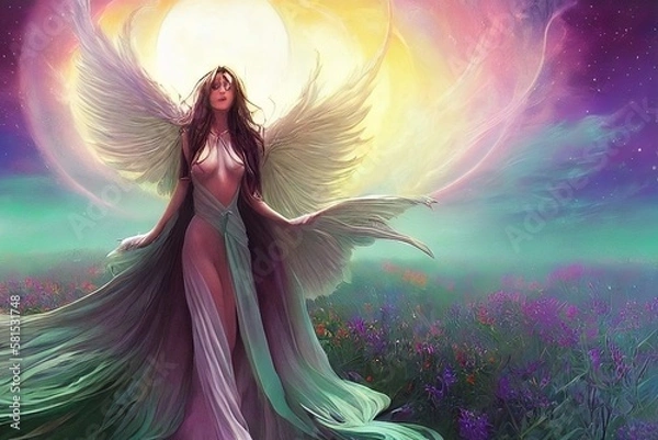 Obraz angel woman with big white wings on a blooming field generative ai 