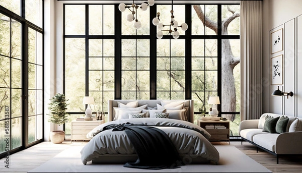 Fototapeta Sleek and elegant bedroom with natural view, Generative AI.