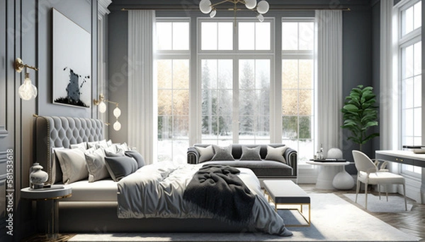 Fototapeta Elegant and serene bedroom with French windows, Generative AI.