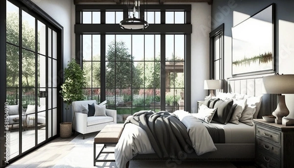 Fototapeta Experience Ultimate Relaxation and Luxury in this Contemporary Bedroom with Big French Windows, Generative AI.