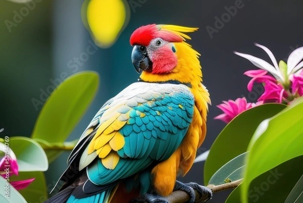 Fototapeta Australian Cockatoo Inca parrot in the treetops in a tropical rainforest, bright flowers and leaves, exotic plants, vines. Wildlife concept of ecological environment. Generative AI