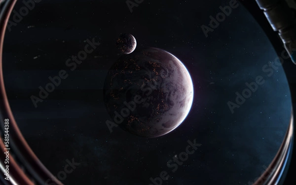 Fototapeta Inhabited deep space planets. View from porthole. Science fiction. Elements of this image furnished by NASA