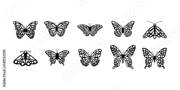Obraz Collection of vector butterflies. Silhouettes of butterflies. Floral butterflies. Vector collection silhouette. Template for laser cut. Papercut template