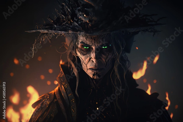 Fototapeta Ugly old witch with green glowing eyes on black background, Generative AI. Old scary witch portrait. Evil dark witch face close up. Halloween background. Witch magic background.
