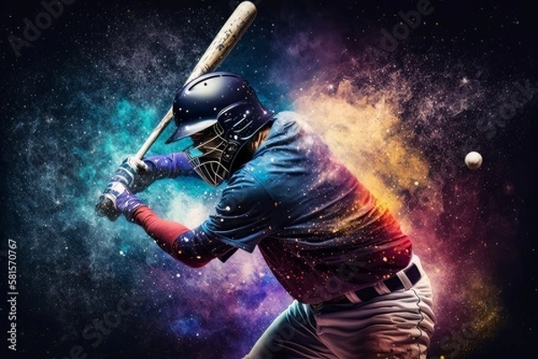 Fototapeta Baseball player striking ball in galaxy universe background. Generative ai