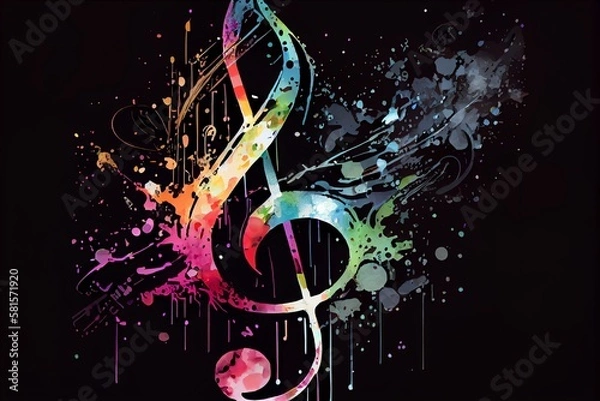 Fototapeta Watercolor Illustration of a Music Stave And Treble Clef Colorful Splash Illustration On Black Background, Horizontal Banner With Copy Space. Generative AI