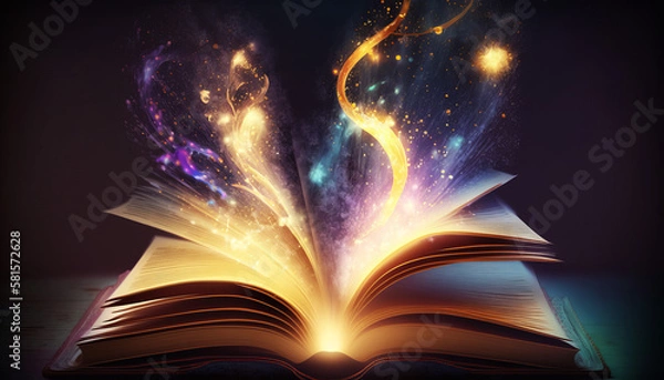 Fototapeta Mystery open book with shining pages. Fantasy book with magic light sparkles and stars.