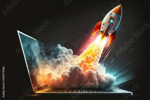 Obraz Launching Space Rocket From Laptop Screen. Generative AI