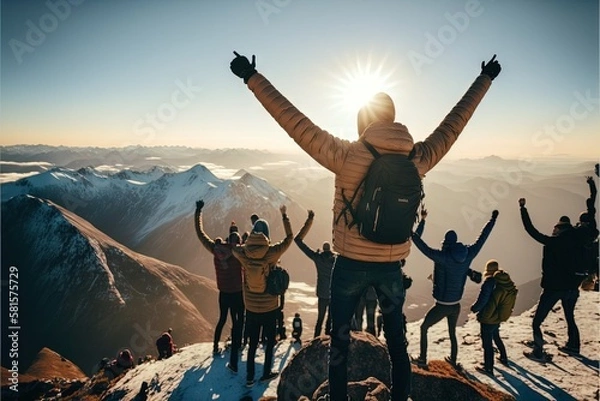 Fototapeta Teamwork and Adventure: Group of People Hiking Together in the Mountains. Mountain Hike. Hiking. Background or wallpaper. Generative AI.