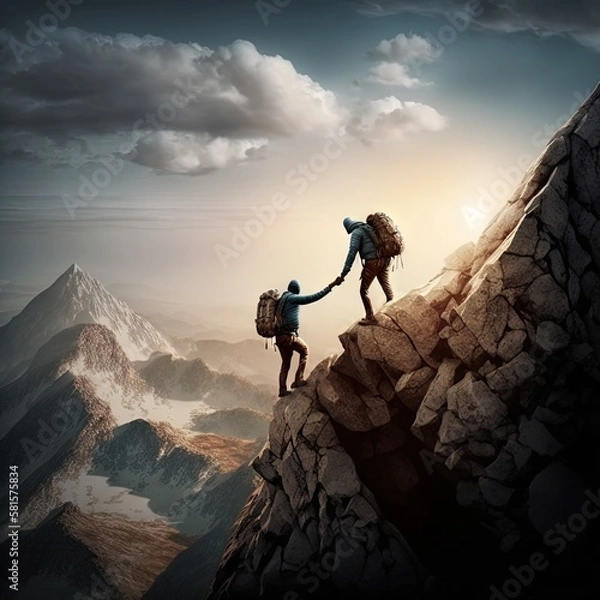 Fototapeta  Teamwork and Adventure: Group of People Hiking Together in the Mountains. Mountain Hike. Hiking. Background or wallpaper. Generative AI.