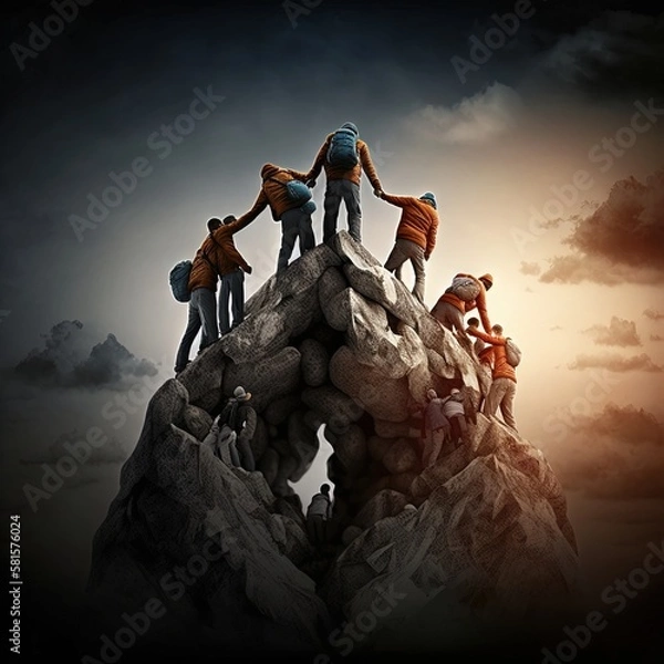 Fototapeta  Teamwork and Adventure: Group of People Hiking Together in the Mountains. Mountain Hike. Hiking. Background or wallpaper. Generative AI.