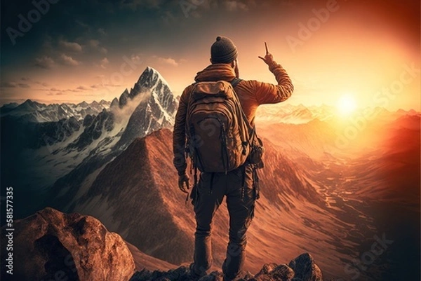 Fototapeta Conquering the Peaks: Inspiring Photo of a Hiker Pushing Through the Challenge of a Mountain Hike. Hiking. Background or wallpaper. Generative AI.