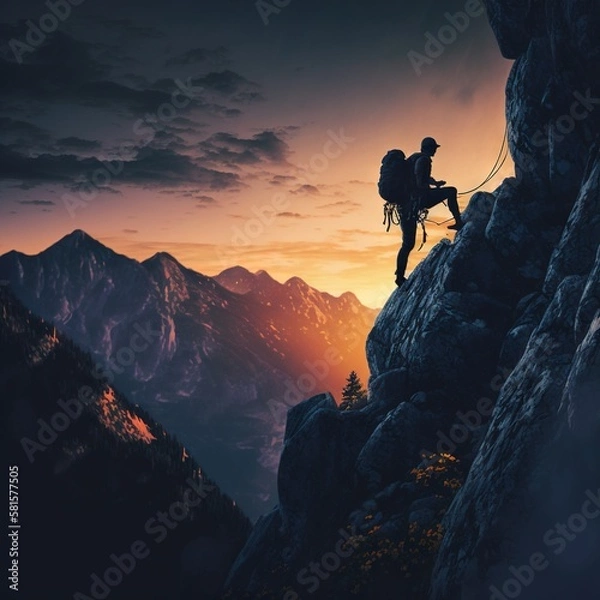 Fototapeta Conquering the Peaks: Inspiring Photo of a Hiker Pushing Through the Challenge of a Mountain Hike. Hiking. Background or wallpaper. Generative AI.