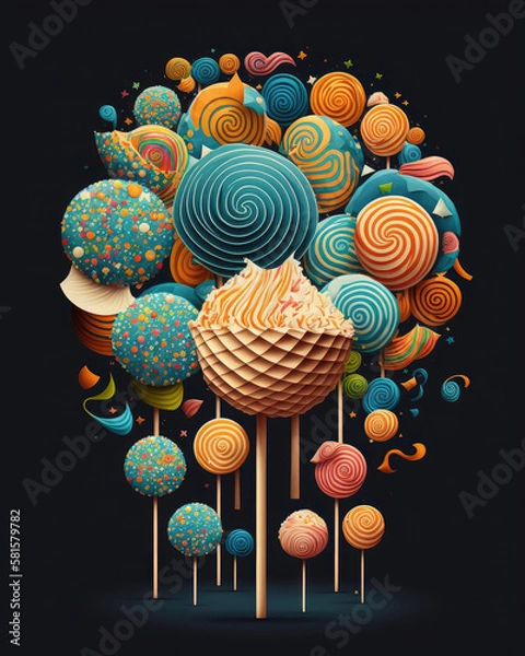 Fototapeta Candies and lollipops on a black background. Generative AI