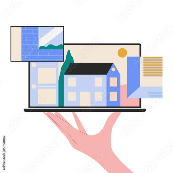 Fototapeta Vector illustration of hand holding laptop with house on screen. Concept of real estate, mortgage, investment for landing page or website. Searching house online