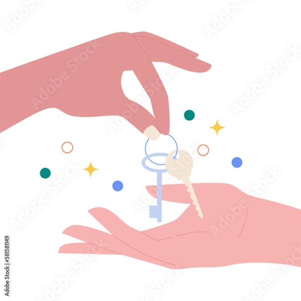 Fototapeta Vector illustration of handing keys. Hand of real estate agent gives house door keys to hand of customer. Concept of real estate, mortgage, investment for landing page or website.