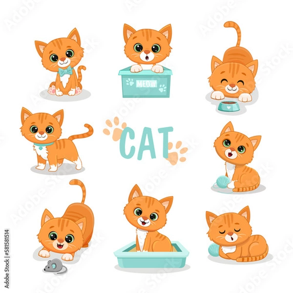 Fototapeta Set of funny cute cats in different poses in cartoon style.Ginger kitten.Vector illustration