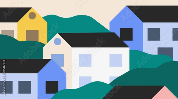 Fototapeta Vector illustration of houses in between trees. Modern geometric buildings. Concept of real estate, mortgage, investment for landing page or website.