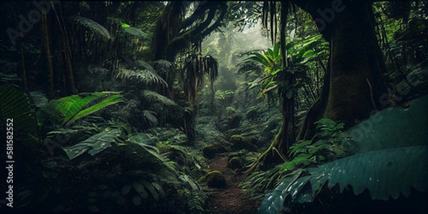 Fototapeta Dense rainforest with lush green foliage generated by AI