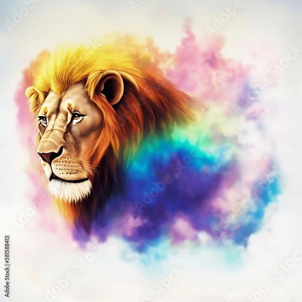 Fototapeta lion head in the sky colorful with vibrant dust clouds around, generative ai