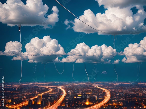 Obraz Cloud computing connecting a city with wires and cables, generative ai