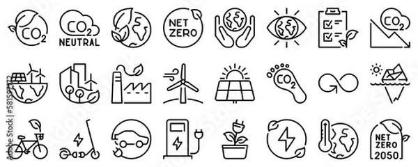Obraz Line icons about net zero on transparent background with editable stroke.