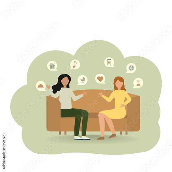 Obraz Two women are talking sitting on the couch. Vector illustration.
