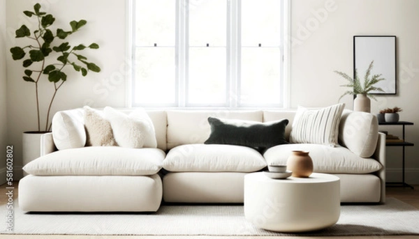 Fototapeta  Bright Livingroom with a Couch as a focus point , minimal design Comfy Livingroom, Bright Living space. Generative AI
