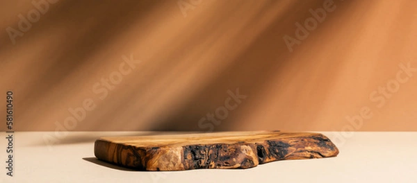 Obraz Wooden podium for cosmetic products, perfumes or food against brown background. Front view.	