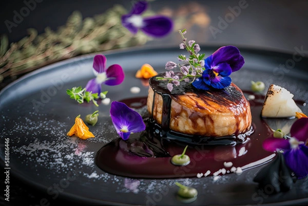 Fototapeta  Gourmet foie gras dish with a rich red wine reduction and caramelized pear, garnished with edible flowers and a sprinkle of sea salt, served on a sleek black slate AI GENERATIVE