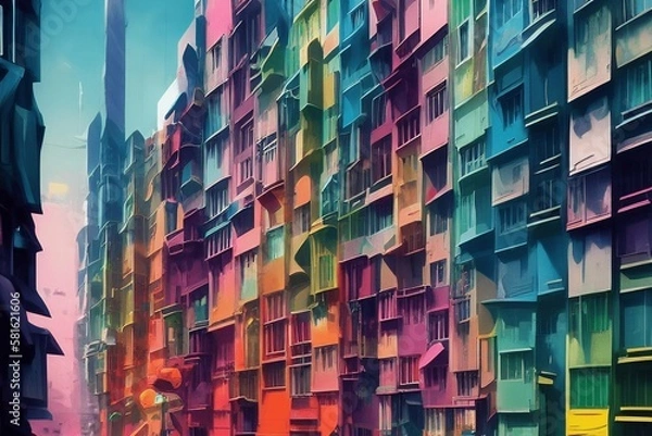 Fototapeta retro style city buildings in rainbow colours generative ai
