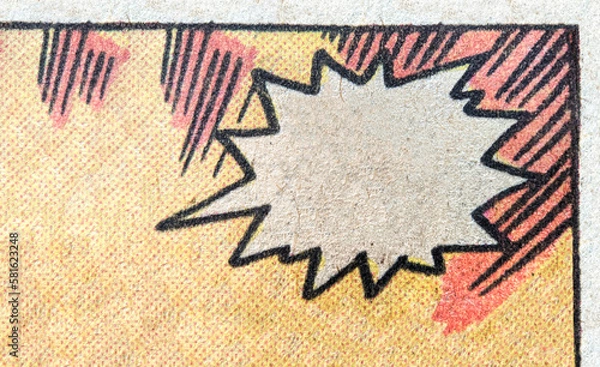 Fototapeta Vintage comic book page with empty white text bubble and dot printing pattern on a paper texture background