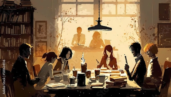 Obraz A book club meeting, bringing people together. digital art illustration. generative AI.