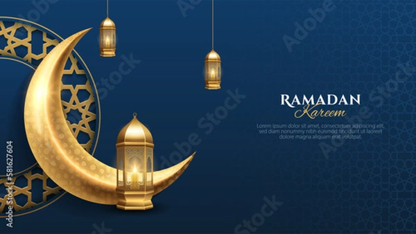 Fototapeta Ramadan Kareem islamic pattern background with golden realistic crescent moon and lantern. Islamic background for banner, poster, and greeting card design