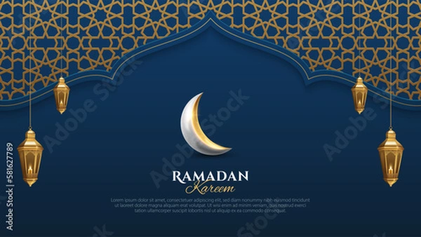 Fototapeta Ramadan Kareem islamic pattern background with realistic crescent moon, and hanging lantern. Islamic background for banner, poster, and greeting card design