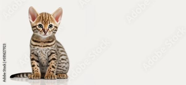 Fototapeta Cute bengal kitten captured in a sleepy moment on a white surface - Generative AI