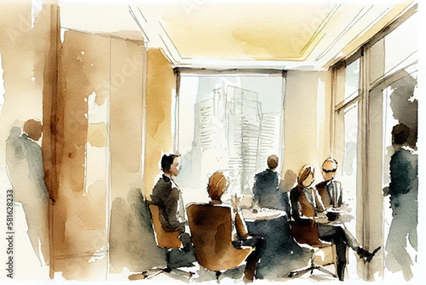 Fototapeta group of people in office, business meeting watercolor illustartio, generative ai