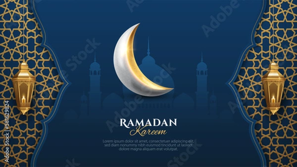 Fototapeta Ramadan Kareem islamic pattern background with realistic crescent moon, hanging lantern and mosque. Islamic background for banner, poster, and greeting card design