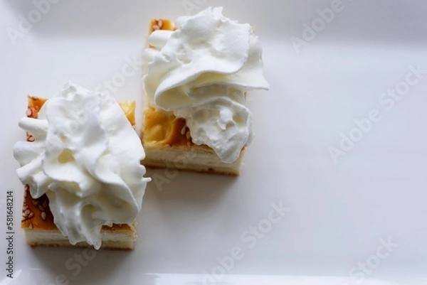 Fototapeta Cottage cheese strudel with icing sugar, ingredients for curd strudel Curd cheese strudel made with quark cheese. Bavarian dessert Slice of fresh baked homemade strudel with collage cheese